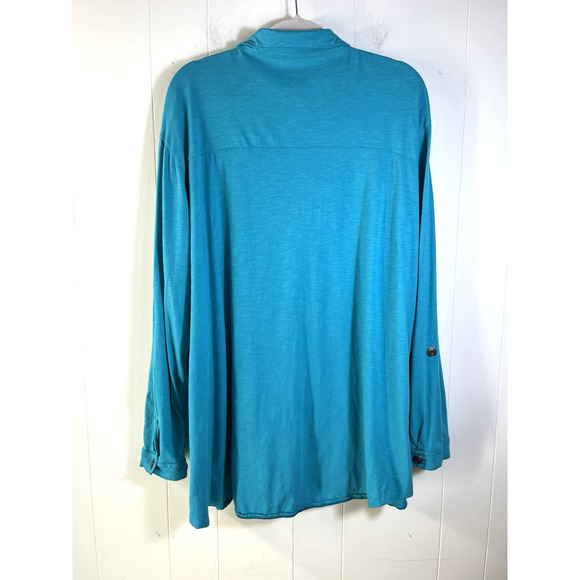 Neon Buddha Button Front Tunic Top Cotton Roll Tab Sleeves Blue Size 3X - Picture 3 of 10